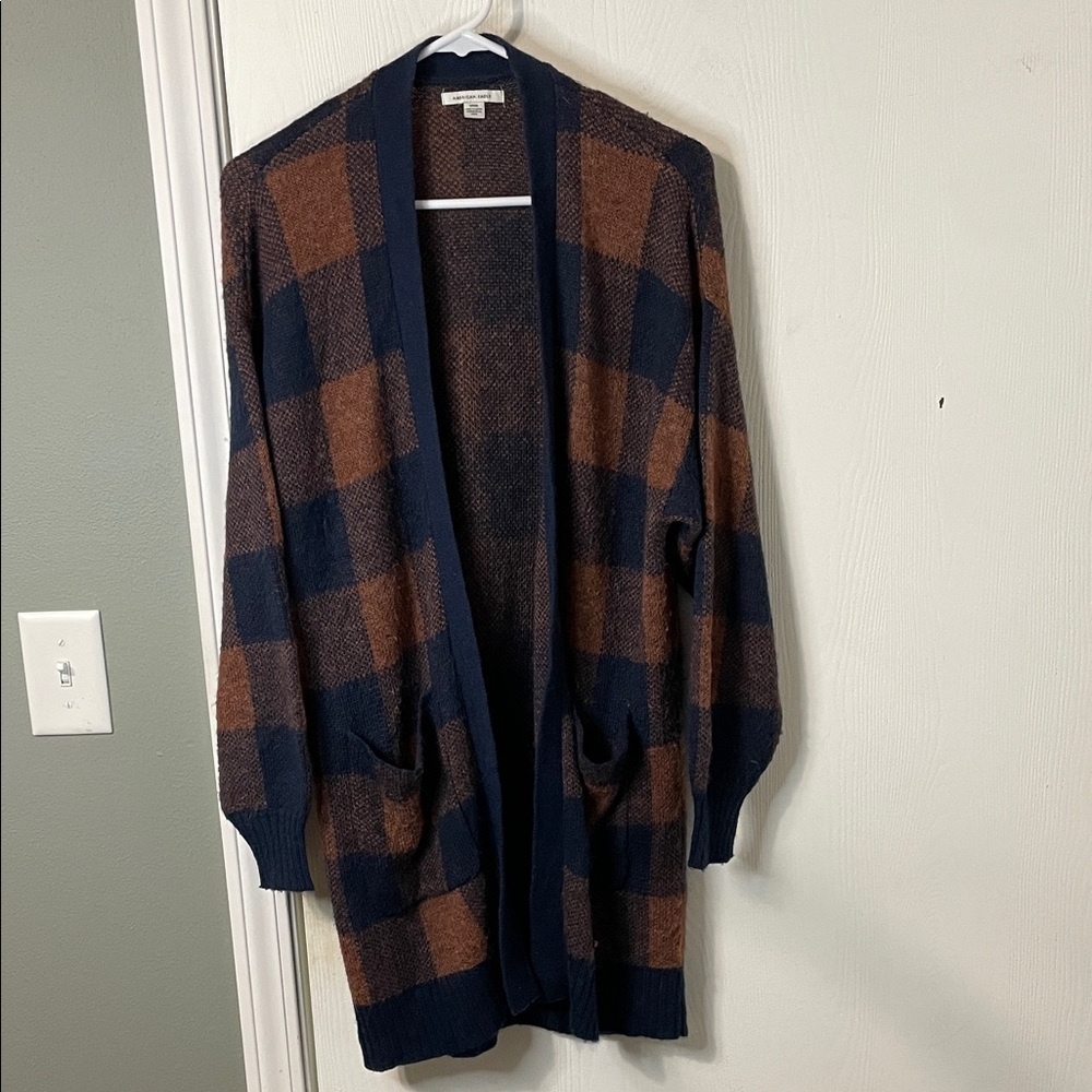 💰American Eagle Oversized Wool Blend Open Front Plaid Cardigan Sweater Small